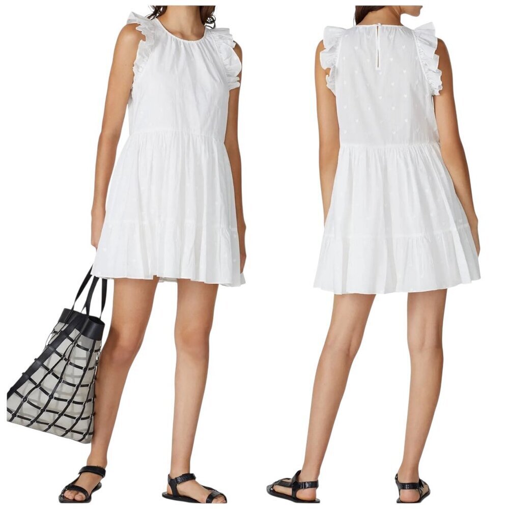 The Kooples White Heart Embroidered Ruffle Mini Dress Cotton Size 0